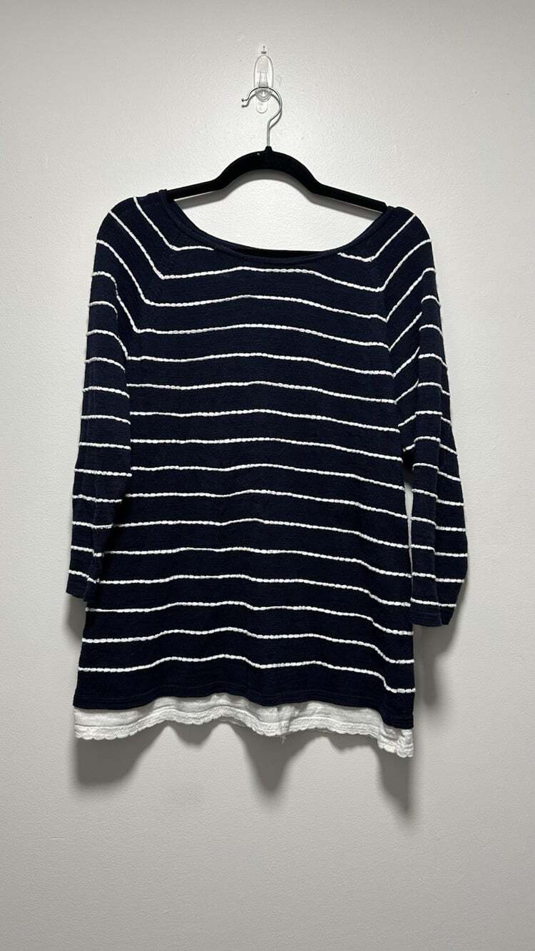 Christopher & Banks Womens Large Blue White Striped Lace Hem Sweater 3/4 Sleeve